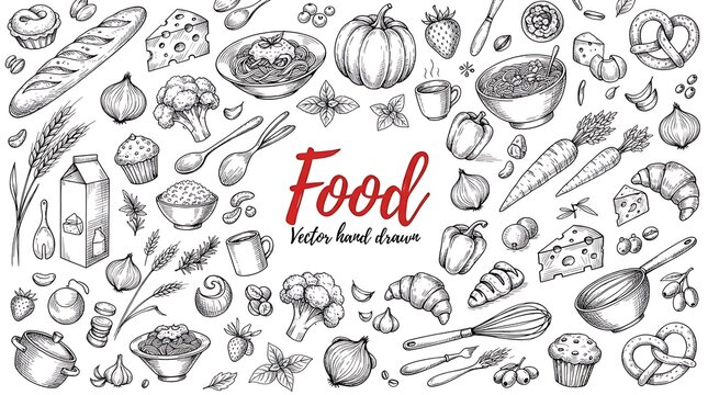 Set of hand drawn food icons featuring various ingredients and cooked dishes in a sketch style on a white background