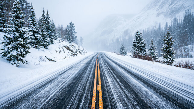 A snowy mountain road flanked by snow-covered pine trees under a gray, misty sky.