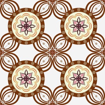 Seamless ornamental pattern with round floral medallions, delicate five-petal blossoms, sweeping curved bands and tiny floral accents in brown, cream, peach and burgundy.
