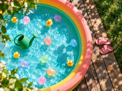 A colorful inflatable rainbow swimming pool filled with water, floating yellow rubber ducks, and pastel balloons on a wooden deck with pink sandals nearby in a sunny backyard setting