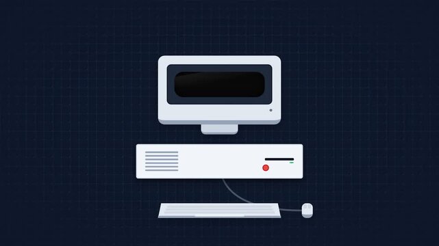 Retro computer assembly animation on dark background
