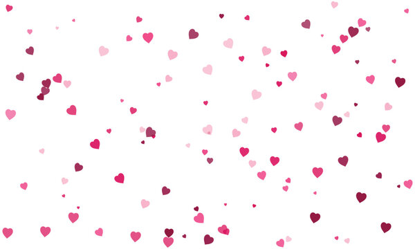 Scattered pink and red heart confetti falling on a clean white background during a celebration