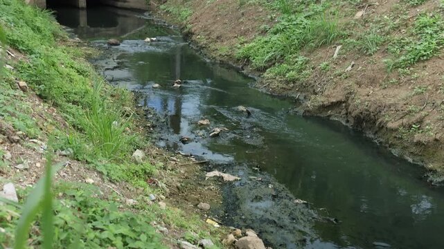 Shallow polluted river with sediment buildup and wastewater discharge, illustrating water contamination, sewage pollution, environmental degradation, ecosystem damage and water management.