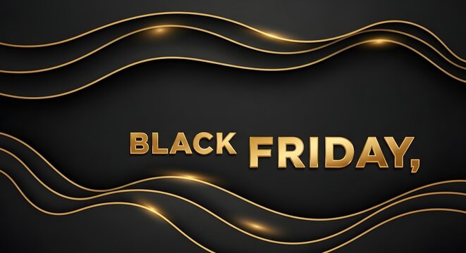 Black friday sale banner with golden wavy lines on black background