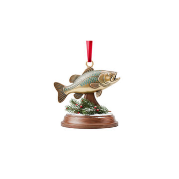 A highly detailed bass fish shaped christmas ornament sits on a wooden base surrounded by festive winter greenery and a dusting of snow