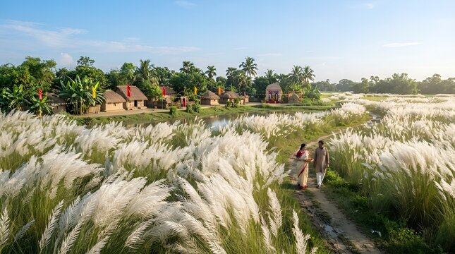 Durga Puja couple walking through blooming kash flower fields in