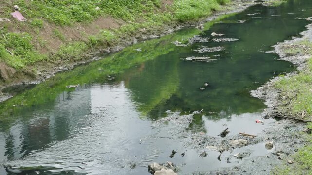 Shallow polluted river with sediment buildup and wastewater discharge, illustrating water contamination, sewage pollution, environmental degradation, ecosystem damage and water management.