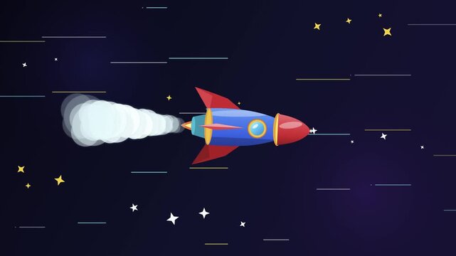 A cartoon rocket ship flies through deep space past stars and constellations.