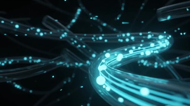 Abstract background with glowing blue light particles flowing through transparent fiberoptic cables for digital data communication technology
