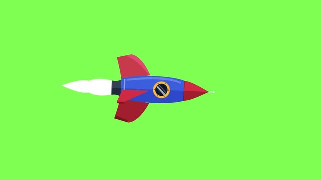 A cartoon rocket ship travels across a green screen background.
