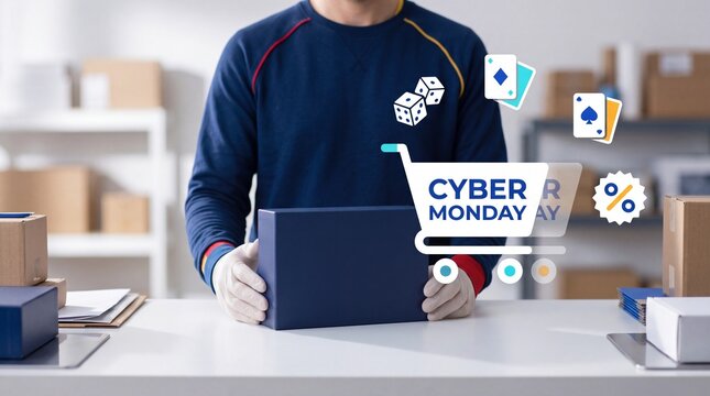 Cyber Monday Warehouse worker packing a blue box for shipment with digital shopping cart