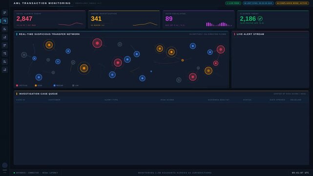 Explore a cinematic AML Transaction Monitoring Dashboard featuring real-time alerts, suspicious transfers, and investigation cases in a sleek dark mode design with animated data visualizations.