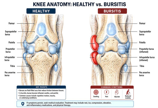Comparison of healthy knee anatomy versus bursitis affected knee illustration