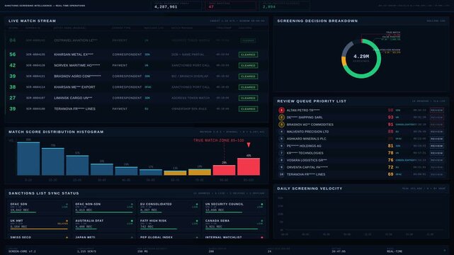 Explore a high-precision dark mode Banking Sanctions Screening Dashboard showcasing transaction matches, alerts, and review decisions in a sleek 4K layout with real-time updates.