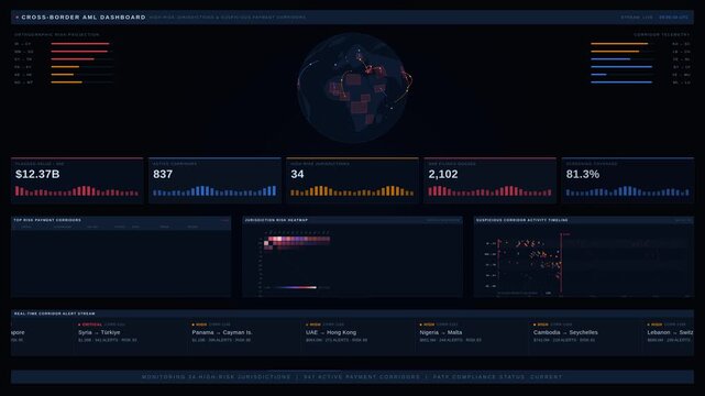 A sophisticated dark mode Cross-Border AML Dashboard showcasing high-risk jurisdictions and suspicious payment corridors with dynamic visual elements in 4K resolution.