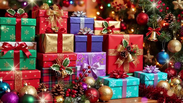Dolly shot revealing a variety of colorful Christmas gift boxes stacked creatively, surrounded by sparkling ornaments and twinkling fairy lights, creating a magical holiday scene