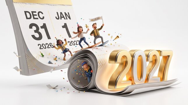 New Year 2027 Celebration Concept with Calendar Page Turning from December 31 2026 to January 1 2027, Miniature Cheerful Figures Celebrating with Gold 2027 Numbers and Confetti