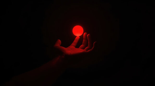 Close up hand holding glowing red orb in dark fantasy lighting