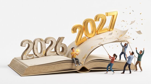 New Year 2027 concept with miniature people turning the open book page from 2026 to golden 2027 numbers, business team collaboration, future planning, and milestone achievement