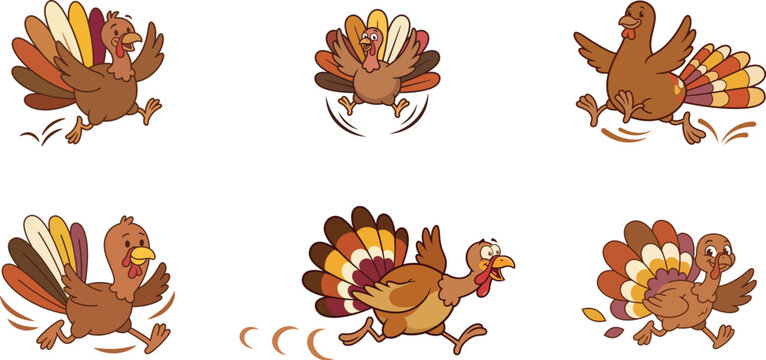 Cartoon turkeys in various poses depict a festive illustration with a white background autumnal bird celebration clipart colorful commotion domesticfowl fowl fun gobble graphic holiday