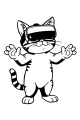 Fototapeta premium Cute Tabby Cat Wearing Virtual Reality Headset Gaming Experience Black and White Line Art Illustration