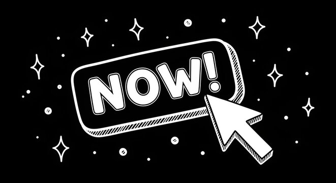 Hand drawn doodle style now button with mouse cursor