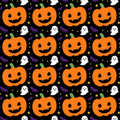 Fototapeta premium Cute Halloween Seamless Pattern with Smiling Pumpkin, Ghost, Bat, and Stars on Black Background