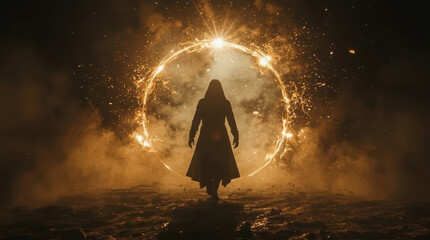 Fototapeta premium Dark supernatural figure walking through glowing portal