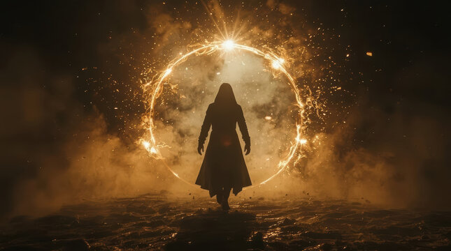 Dark supernatural figure walking through glowing portal