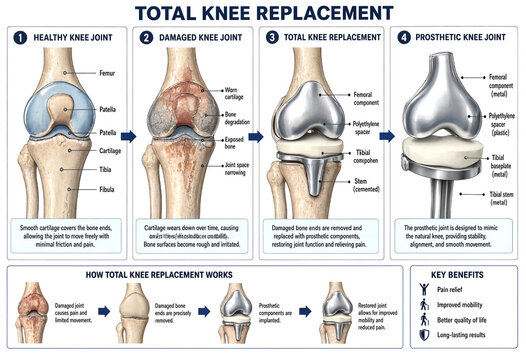 Illustration showing total knee replacement surgery process and benefits clearly