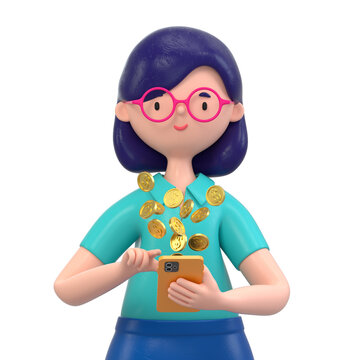 woman in business attire with coins popping from phone