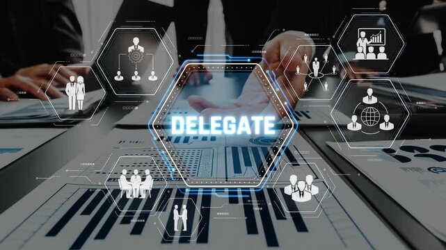 Digital Interface Showcasing the Concept of Delegation with Infographics, Charts, and Business Icons for Teamwork and Project Management Sigmoid