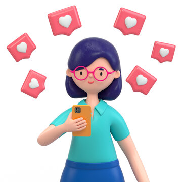 woman on phone surrounded by heart symbols