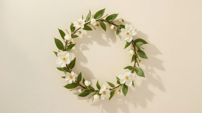 Elegant May Day floral wreath with white blossom and green leaf on beige background