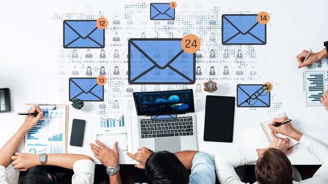 Collaborative Workspace with Digital Devices and Email Icons Representing Communication and Data Exchange in a Modern Office Setting Sigmoid