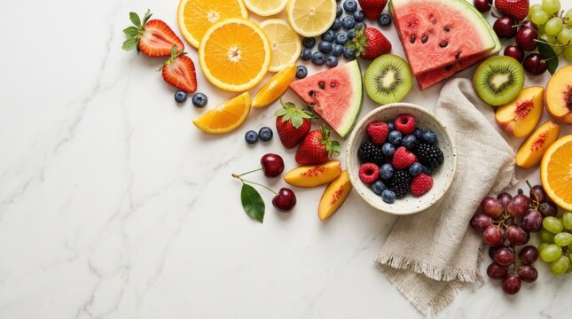 Flatlay assortment of fresh tropical fruits and berries arranged on a white marble background with a linen napkin