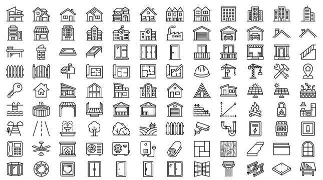 100Modern House and Building Outline Icons Featuring Residential Architecture Property Construction Floor Plans and Vector Design