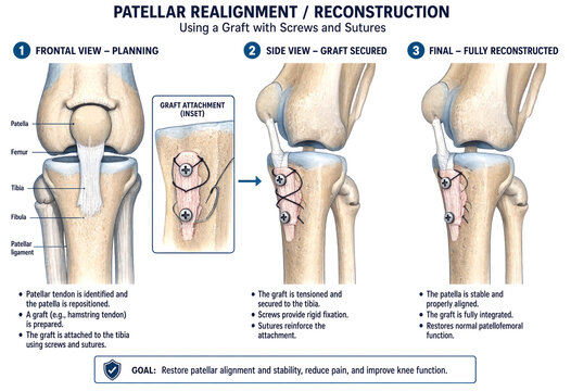 Medical illustration showing patellar realignment reconstruction with graft and screws
