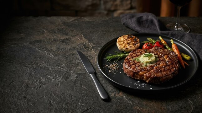 Grilled ribeye steak with melted herb butter and roasted vegetables on a dark stone plate