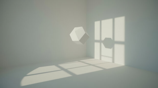 Floating geometric object casting impossible shadow in minimalist room