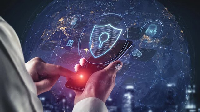 Cyber security interface with biometric and AI-powered protection system. Cyber security secures access, cybersecurity protects identity, cybersecurity detects threats, and defends data. Marrow