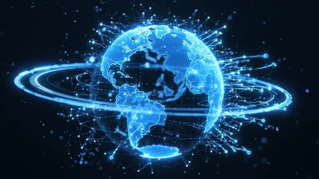 Digital world map with glowing orbital networks surrounding Earth. Global connectivity visualization with dotted lines and blue tech atmosphere for modern communication.