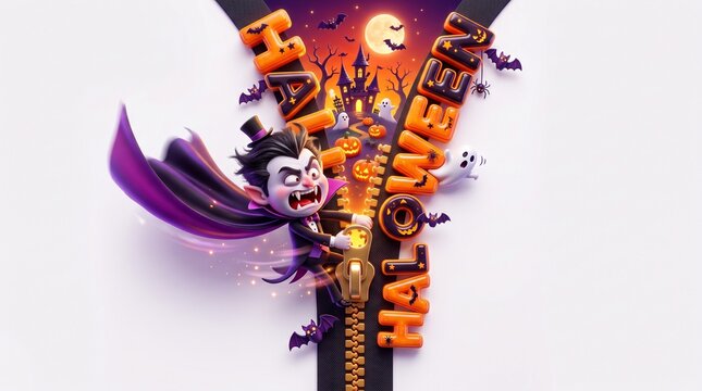 Cute cartoon vampire character opening a zipper revealing spooky Halloween night scene with haunted castle, glowing pumpkins, flying bats and full moon on white background with copy space for text