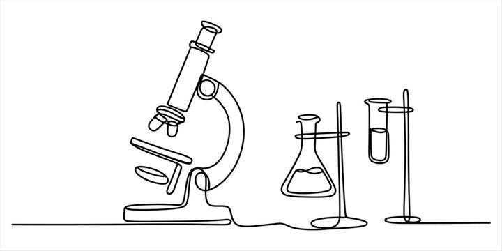 Continuous single line drawing of a scientific microscope with laboratory glass beaker and test tube equipment