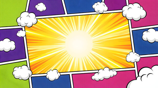 Pop art comic book multi-panel layout background with bright yellow sunburst center frame, colorful side panels, fluffy white clouds, halftone dots pattern, and copy space, horizontal illustration