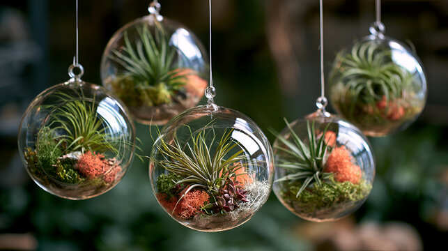 Air Plant Collection Displayed In A Hanging Glass Terrarium