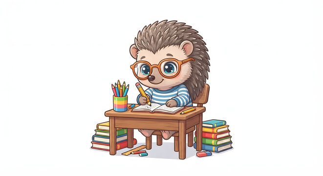 Cute cartoon smart hedgehog studying at a desk vector illustration featuring clever hedgehog wearing glasses writing in notebook with book stacks on isolated white background
