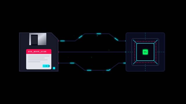 Retro floppy disk connecting to modern digital microchip