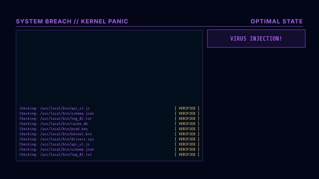 Dark mode system breach UI showing kernel panic virus injection and crypto ransom