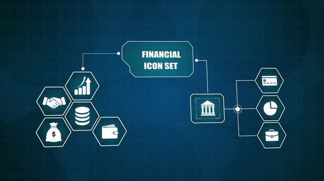 Interactive Financial Icon Set Network Interface Animation on Blue Background